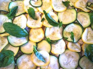 squash layer with basil leaves